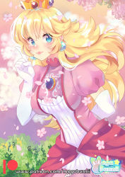 Rule 34 | 1girl, arm behind back, artist name, blonde hair, blue eyes, breasts, cloud, commentary, crown, day, dress, earrings, elbow gloves, english commentary, flower, gem, gloves, hand up, highres, index finger raised, jewelry, long hair, mario (series), medium breasts, megubunn, nintendo, outdoors, patreon logo, patreon username, petals, pink dress, princess peach, puffy short sleeves, puffy sleeves, short sleeves, solo, sphere earrings, standing, watermark, web address, white gloves