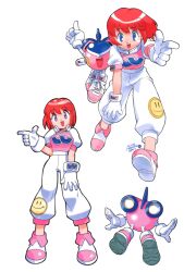 Rule 34 | 1990s (style), 1girl, artist name, blue eyes, character name, dated, full body, gloves, index finger raised, looking at viewer, multiple views, non-web source, official art, open mouth, pastel (twinbee), pink hair, puffy short sleeves, puffy sleeves, retro artstyle, shoes, short hair, short sleeves, simple background, smile, smiley face, sneakers, twinbee, twinbee (character), white background, white gloves, yoshizaki mine