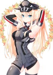 Rule 34 | 10s, 1girl, anchor symbol, areola slip, armor, armpits, arms behind head, arms up, bare shoulders, bismarck (kancolle), blonde hair, blue eyes, breasts, bunching hair, closed mouth, covered erect nipples, cowboy shot, dress, eyebrows, floral background, grey dress, grey hat, grey thighhighs, hair between eyes, halterneck, hat, headgear, kantai collection, large breasts, light frown, long hair, microdress, military, military uniform, no bra, peaked cap, pocket, seo, sideboob, sidelocks, skin tight, solo, thighhighs, torn clothes, uniform, white background