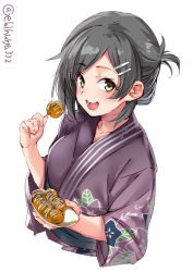 Rule 34 | 1girl, :d, alternate costume, alternate hairstyle, black hair, blush, ebifurya, floral print, food, from side, green eyes, hair ornament, hair up, hairclip, highres, holding, japanese clothes, kantai collection, kimono, kuroshio (kancolle), looking at viewer, looking to the side, open mouth, purple kimono, round teeth, short hair, simple background, smile, solo, takoyaki, teeth, white background, yukata
