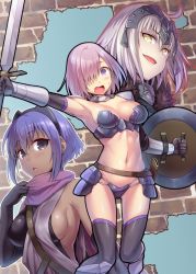 Rule 34 | &gt;:d, 3girls, :d, :o, ahoge, alternate costume, armor, armpits, backless outfit, bare shoulders, bikini armor, black gloves, black legwear, blue eyes, blue hair, blush, breasts, brick wall, cleavage, cowboy shot, dark-skinned female, dark skin, elf, fate/grand order, fate (series), gloves, hair over one eye, hairband, hassan of serenity (fate), headpiece, holding, holding sword, holding weapon, jeanne d&#039;arc (fate), jeanne d&#039;arc (ruler) (fate), jeanne d&#039;arc alter (avenger) (fate), jeanne d&#039;arc alter (fate), light purple hair, looking at viewer, mash kyrielight, medium breasts, misao (kami no misoshiru), multiple girls, navel, open mouth, pink scarf, pointy ears, purple eyes, scarf, shield, short hair, sideboob, silver hair, smile, stomach, sword, thighhighs, upper body, v-shaped eyebrows, vambraces, weapon, yellow eyes