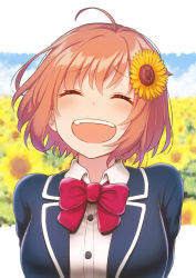 Rule 34 | 1girl, ^ ^, ahoge, bad id, bad pixiv id, blazer, blue jacket, blue sky, blurry, blurry background, blush, bow, bowtie, breasts, brown hair, buttons, closed eyes, cloud, cloudy sky, collared shirt, commentary, contllenge, field, flower, hair flower, hair ornament, highres, honma himawari, jacket, laughing, looking at viewer, meadow, medium breasts, nijisanji, open mouth, orange eyes, red bow, red bowtie, school uniform, shirt, short hair, sky, smile, solo, sunflower, sunflower hair ornament, teeth, upper body, upper teeth only, virtual youtuber, white shirt, wing collar
