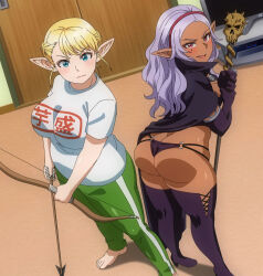 2girls absurdres anime_screenshot arrow_(projectile) ass barefoot black_cape black_gloves black_panties blonde_hair boots bow_(weapon) braid butt_crack cape closed_mouth crown_braid dark-skinned_female dark_elf dark_skin elbow_gloves elf elf-san_wa_yaserarenai. elfuda_(elf-san_wa_yaserarenai.) feet female_focus gloves green_pants hairband high_heels highres holding holding_bow_(weapon) holding_staff holding_weapon indoors kuroeda_(elf-san_wa_yaserarenai.) long_hair looking_at_viewer micro_panties mole mole_under_eye multiple_girls o-ring o-ring_bottom o-ring_panties panties pants parted_lips pink_eyes pointy_ears purple_hair red_hairband screencap shirt short_hair short_sleeves skull smile staff standing stitched thigh_boots third-party_edit toes underwear weapon white_shirt wide_hips