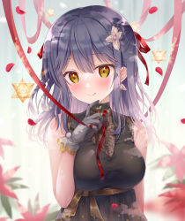 Rule 34 | 1girl, :q, bare shoulders, black dress, black hair, blush, breasts, brown eyes, closed mouth, commentary request, dress, gloves, gradient hair, grey gloves, hair between eyes, hair ribbon, hand up, highres, large breasts, long hair, looking at viewer, multicolored hair, original, petals, red ribbon, ribbon, sleeveless, sleeveless dress, smile, solo, sousouman, tongue, tongue out, upper body