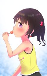 Rule 34 | 1girl, armpits, bare arms, bare shoulders, black hair, blouse, blush, candy, child, earrings, eating, female focus, food, from side, hair bobbles, hair ornament, heart, heart earrings, highres, holding, holding candy, holding food, jewelry, lollipop, looking at viewer, looking to the side, original, profile, shiny skin, shirt, sleeveless, sleeveless shirt, solo, tanukikouji midori, twintails