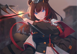 Rule 34 | 1girl, absurdres, animal ears, arknights, axe, battle axe, bear ears, belt, black hat, blue eyes, blue shirt, brown hair, brown jacket, hat, heiyizhushenxia, highres, holding, holding axe, holding weapon, jacket, long sleeves, medium hair, multicolored hair, official alternate costume, open clothes, open jacket, pleated skirt, red hair, shirt, skirt, solo, streaked hair, upper body, weapon, white skirt, zima (arknights), zima (ready to go) (arknights)