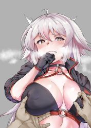 Rule 34 | 1boy, 1girl, ^^^, ahoge, ao (time-leap), bikini, black bikini, black choker, black gloves, blush, breasts, breath, choker, cleavage, collarbone, comiket 94, commentary request, crosshatching, fate/grand order, fate (series), furrowed brow, gloves, half-closed eyes, hand to own mouth, hatching (texture), hetero, highres, jeanne d&#039;arc alter (swimsuit berserker) (fate), jeanne d&#039;arc (fate), jeanne d&#039;arc alter (fate), jeanne d&#039;arc alter (swimsuit berserker) (fate), large breasts, long hair, long sleeves, looking at viewer, male hand, midriff, nose blush, o-ring, o-ring bikini, o-ring choker, shrug (clothing), silver background, silver hair, silver trim, solo focus, swimsuit, upper body, very long hair, wavy mouth, yellow eyes