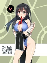 Rule 34 | 10s, 1girl, bad id, bad pixiv id, bare shoulders, bikini, black hair, breasts, brown eyes, chikuma (kancolle), cleavage cutout, clothing cutout, female focus, front zipper swimsuit, highres, kantai collection, kuro chairo no neko, large breasts, long hair, looking at viewer, meme attire, mouth hold, one-piece swimsuit, pelvic curtain, smile, solo, swimsuit, twitter username, undressing