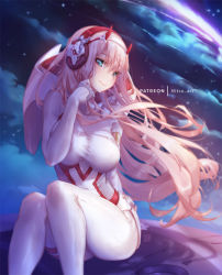Rule 34 | 1girl, aqua eyes, artist name, bad id, bad pixiv id, breasts, commentary request, darling in the franxx, hair between eyes, headphones, horns, large breasts, long hair, mitsu (mitsu art), oni horns, pilot suit, pink hair, red horns, sitting, skin tight, sky, solo, star (sky), starry sky, zero two (darling in the franxx)