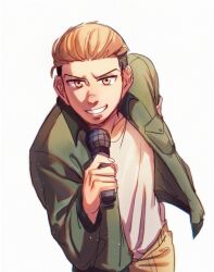 Rule 34 | 1boy, arm behind back, armband, black hair, blonde hair, chinese commentary, commentary request, green jacket, grin, highres, holding, holding microphone, jacket, male focus, microphone, multicolored hair, porco galliard, shingeki no kyojin, smile, solo, two-tone hair, undercut, upper body, yanglao paopaoren, yellow eyes