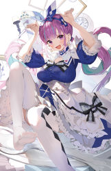 Rule 34 | 1girl, :d, apron, arms up, blue dress, blue hair, bow hairband, breasts, colored inner hair, commentary request, dress, earrings, feet, frilled apron, frilled dress, frills, gaou (umaiyo puyoman), garter straps, hairband, heart, heart earrings, hololive, jewelry, large breasts, long hair, minato aqua, minato aqua (aqua iro in wonder land), multicolored hair, no shoes, open mouth, picture frame, puffy short sleeves, puffy sleeves, purple eyes, purple hair, rabbit pose, short sleeves, sitting, smile, solo, thighhighs, very long hair, virtual youtuber, white thighhighs