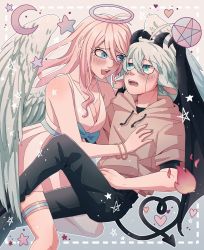 Rule 34 | 1boy, 1girl, angel, angel wings, bare shoulders, black pants, blonde hair, blue bow, blue eyes, bow, bracelet, breasts, cheer (cheerpuppy14), cleavage, crescent, danganronpa (series), danganronpa v3: killing harmony, demon horns, demon wings, dress, fangs, feathered wings, feet out of frame, halo, heart, highres, hood, hood down, horns, iruma miu, jewelry, k1-b0, large breasts, long hair, looking at another, nail polish, pants, pink nails, smile, wings