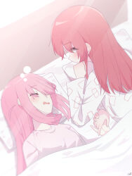Rule 34 | 2girls, absurdres, arm support, bed, blanket, blurry, blush, bocchi the rock!, breasts, closed eyes, commentary request, depth of field, drooling, eyes visible through hair, gotoh hitori, hair between eyes, highres, holding, holding hands, kita ikuyo, long hair, looking at another, lying, medium breasts, medium hair, multiple girls, open mouth, pajamas, pillow, pink hair, red hair, saliva, sidelocks, sleeping, smile, strings-lover, sunlight, upper body, yellow eyes, yuri