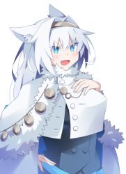 Rule 34 | 1girl, animal ears, blue eyes, blue ribbon, blush, breasts, buttons, cape, capelet, cat ears, cat girl, crop top, crop top overhang, dobrynya nikitich (fate), dobrynya nikitich (first ascension) (fate), dress, fang, fate/grand order, fate (series), fur-trimmed capelet, fur trim, gauntlets, grey dress, highres, large breasts, long hair, long sleeves, looking at viewer, low ponytail, open mouth, ribbon, short dress, smile, solo, uryu0270, white cape, white capelet, white hair