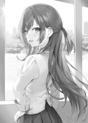 Rule 34 | 1girl, absurdres, back, blazer, blush, breasts, building, cityscape, collared jacket, collared shirt, commentary request, crossed bangs, dress, from behind, from side, greyscale, hair between eyes, hair over shoulder, hands on own hips, head tilt, highres, indoors, jacket, long hair, long sleeves, medium breasts, momoko (momopoco), monochrome, open mouth, pleated dress, pleated sleeves, school uniform, shirt, sidelocks, smile, solo, suou yuki, tokidoki bosotto roshia-go de dereru tonari no arya-san, very long hair, window