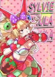 Rule 34 | 1girl, blonde hair, blue eyes, bobbles, bow, bracelet, breasts, cleavage, collarbone, crop top, crown, eyeball, eyeball hair ornament, eyelashes, fake horns, fukamichi ran&#039;ou, gloves, green shirt, hair between eyes, hair bow, hair ornament, heart, highres, holding, horns, jewelry, lips, long hair, medium breasts, midriff, mini crown, necklace, nose, open mouth, palms, pearl bracelet, pearl necklace, polka dot, polka dot bow, puffy short sleeves, puffy sleeves, purple bow, raised eyebrows, red bow, red gloves, shirt, short sleeves, sidelocks, simple background, snk, solo, spikes, sylvie paula paula, teeth, the king of fighters, the king of fighters xiv, tongue, twintails, upper body, very long hair, wavy hair
