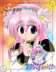 Rule 34 | 00s, 2girls, ahoge, bare shoulders, blue eyes, character name, chicchana yukitsukai sugar, choker, company connection, crossover, dress, fairy, finger to mouth, flower, galaxy angel, gloves, gradient background, hair flower, hair ornament, hat, long hair, looking at viewer, milfeulle sakuraba, multiple girls, open mouth, pink hair, puffy sleeves, purple eyes, shoes, short hair, simple background, skirt, smile, sugar (chicchana yukitsukai sugar), uniform, white footwear, white gloves, white skirt, wings