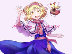 Rule 34 | 2girls, alice margatroid, blonde hair, blue dress, capelet, dress, hair ribbon, hairband, highres, looking at viewer, multiple girls, open mouth, own hands together, red dress, red hairband, red ribbon, ribbon, shanghai doll, shimalice, short hair, simple background, smile, touhou, white background, white capelet, white wings, wings, yellow eyes