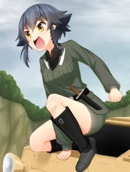 Rule 34 | 10s, 1girl, anzio military uniform, arm support, belt, black belt, black footwear, black hair, black shirt, boots, braid, brown eyes, carro veloce cv-33, clenched hand, cloud, cloudy sky, commentary request, day, dress shirt, frown, girls und panzer, grey jacket, grey skirt, highres, jacket, knife, long sleeves, looking to the side, military, military uniform, military vehicle, miniskirt, motor vehicle, on one knee, open mouth, outdoors, overcast, partial commentary, pencil skirt, pepperoni (girls und panzer), ruka (piyopiyopu), shirt, short hair, shouting, side braid, skirt, sky, solo, tank, uniform, v-shaped eyebrows, wing collar