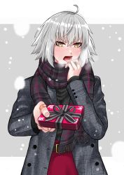 Rule 34 | 1girl, absurdres, ahoge, alternate costume, bandaid, bandaid on hand, black sweater, blush, box, coat, cowboy shot, crossed bangs, fate/grand order, fate (series), gift, gift box, grey coat, grey hair, hair between eyes, highres, jeanne d&#039;arc alter (fate), letterboxed, looking at viewer, medium hair, outside border, plaid, plaid scarf, red skirt, scarf, skirt, snow, solo, sweater, teeth, tomotomow00w, tongue, valentine, winter