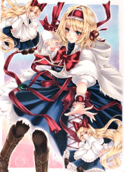 Rule 34 | 1girl, alice margatroid, blonde hair, blue background, blue dress, blue eyes, blush, book, boots, bow, brown footwear, capelet, cross-laced footwear, dress, eyelashes, fingernails, frilled bow, frilled hairband, frills, grimoire of alice, hairband, highres, holding, holding book, hourai doll, knee boots, lance, lips, lolita hairband, marker (medium), mktr (princess mktr), outside border, outstretched arm, pantyhose, polearm, puppet strings, red bow, red eyes, red hairband, red ribbon, ribbon, shanghai doll, short hair, short sleeves, simple background, smile, solo, standing, touhou, traditional media, weapon, white capelet, wrist cuffs