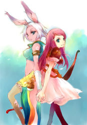 Rule 34 | 2girls, animal ears, back-to-back, bow, bow (weapon), rabbit ears, final fantasy, final fantasy tactics, final fantasy tactics advance, holding hands, midriff, multiple girls, pantyhose, parted lips, pink hair, ritz malheur, shara, smile, thighhighs, torn clothes, viera, weapon