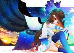 Rule 34 | 1girl, arm on knee, arm ribbon, black wings, blue bow, blue flower, blue sky, blue thighhighs, bow, breasts, brown hair, cape, cloud, commentary request, crescent moon, feathered wings, feet out of frame, flower, from side, gradient sky, hair bow, hair flower, hair ornament, highres, kiramarukou, long hair, looking at viewer, moon, night, night sky, open mouth, orange sky, puffy short sleeves, puffy sleeves, red eyes, reiuji utsuho, ribbon, shirt, short sleeves, sky, solo, star (sky), star (symbol), star print, starry sky, sunset, thighhighs, touhou, white cape, white shirt, wings
