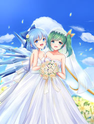 Rule 34 | 2girls, :d, bare arms, bare shoulders, blue eyes, blue hair, blue sky, bouquet, bow, bridal veil, cirno, cloud, collarbone, daiyousei, day, dress, female focus, flower, green eyes, green hair, green ribbon, hair bow, hair flower, hair ornament, hair ribbon, highres, holding, holding bouquet, kachuten, lily (flower), long dress, looking at viewer, matching hair/eyes, medium hair, multiple girls, open mouth, outdoors, petals, ribbon, side ponytail, sky, smile, strapless, strapless dress, touhou, veil, wedding dress, white dress, white flower, wife and wife, yellow bow, yellow flower, yuri