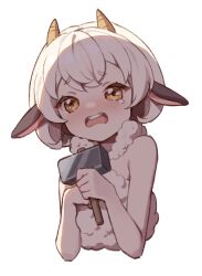 Rule 34 | 1girl, animal ears, bare shoulders, blush, brown eyes, cropped torso, eyebrows hidden by hair, hammer, holding, holding hammer, horns, konbu (hida123), lamball, looking at viewer, open mouth, palworld, personification, sheep ears, sheep girl, sheep horns, simple background, solo, tears, teeth, thick eyebrows, upper body, upper teeth only, white background, white hair