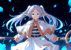 Rule 34 | 1girl, absurdres, belt, belt buckle, black belt, blue eyes, buckle, capelet, commentary request, earrings, elf, frieren, grey hair, highres, holding, holding staff, jewelry, long hair, looking at viewer, night, night sky, parted bangs, parted lips, petals, pointy ears, shirt, short eyebrows, sidelocks, skirt, sky, solo, sousou no frieren, staff, star (sky), starry sky, striped clothes, striped shirt, thick eyebrows, twintails, ugume, very long hair, white capelet, white skirt