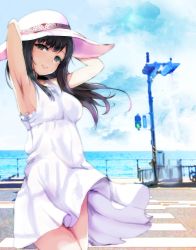 Rule 34 | 10s, 1girl, armpits, arms up, brown eyes, brown hair, commentary request, crosswalk, day, dress, hat, head tilt, highres, idolmaster, idolmaster cinderella girls, long hair, looking at viewer, looking to the side, mizumoto yukari, outdoors, road, ryuu., smile, solo, street, sun hat, sundress, thighs, traffic light, water, white dress, wind, wind lift