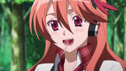 Rule 34 | 10s, 1girl, akame ga kill!, blush, brown hair, candy, chelsea (akame ga kill!), lollipop, long hair, red eyes, smile, solo, standing, stitched, third-party edit