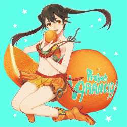 Rule 34 | 1girl, arancia, black hair, boots, food, fruit, gecco knight, long hair, midriff, miniskirt, navel, orange (fruit), orange eyes, orange skirt, original, skirt, solo, twintails