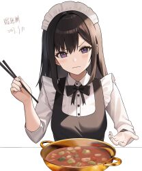 Rule 34 | 1girl, 2023, black bow, black bowtie, blush, bow, bowl, bowtie, brown hair, chinese commentary, chopsticks, closed mouth, collared shirt, commentary request, dated, eyelashes, food, frown, hair between eyes, hands up, highres, holding, holding chopsticks, long hair, long sleeves, looking at viewer, maid, maid headdress, original, purple eyes, shibanme tekikumo, shirt, sidelocks, simple background, solo, straight hair, translation request, tsurime, upper body, v-shaped eyebrows, wavy mouth, white background, white shirt