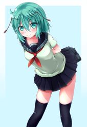 Rule 34 | antennae, arms behind back, bag, blue background, blue skirt, blue thighhighs, commentary request, cowboy shot, green eyes, green hair, highres, holding, holding bag, leaning forward, looking at viewer, muki (munikichan), neckerchief, outside border, pleated skirt, red neckerchief, school uniform, serafuku, short sleeves, skirt, solo, thighhighs, touhou, wriggle nightbug