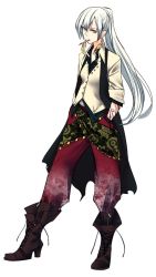 Rule 34 | 1girl, black vest, blouse, boots, brown footwear, cigarette, closed mouth, collared shirt, contemporary, contrapposto, earrings, floral print, fujiwara no mokou, full body, hair between eyes, hands in pockets, high heel boots, high heels, highres, jewelry, long sleeves, looking at viewer, mouth hold, pants, ponytail, red eyes, red pants, shirt, shukusuri, simple background, solo, tagme, touhou, untied footwear, vest, white background, white hair, wing collar, yellow shirt