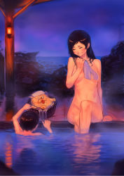 Rule 34 | 1boy, 1girl, bath, bathing, brother and sister, brown hair, bucket, bukimi isan, closed eyes, completely nude, covering privates, crossover, highres, idolmaster, idolmaster million live!, kitazawa shiho, long hair, mixed-sex bathing, naked towel, night, nude, nude cover, onsen, outdoors, rock, shared bathing, siblings, smile, soaking feet, steam, stuffed toy, towel, water, wet