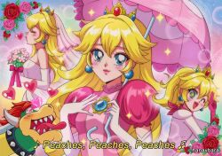 Rule 34 | 1boy, 1girl, artist name, bare shoulders, blonde hair, blue eyes, blush, bodysuit, bouquet, bowser, breasts, bridal veil, chest jewel, closed eyes, collar, crown, dress, earrings, elbow gloves, flower, gloves, hair between eyes, hanavbara, hand on own chest, heart, heart-shaped eyes, holding, holding bouquet, holding umbrella, jewelry, long hair, looking at viewer, mario (series), medium breasts, mini crown, multiple views, musical note, neckerchief, nintendo, one eye closed, parasol, pink dress, pink flower, pink neckerchief, pink rose, pink umbrella, pointy ears, princess peach, puckered lips, puffy short sleeves, puffy sleeves, red flower, red rose, rose, salute, short sleeves, shoulder pads, smile, sparkle, sparkling eyes, sphere earrings, spiked collar, spikes, strapless, strapless dress, subtitled, the super mario bros. movie, tongue, tongue out, umbrella, upper body, veil, wedding dress, white bodysuit, white dress, white gloves