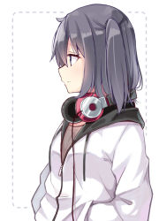 Rule 34 | 1girl, black hair, blue eyes, blush, brown shirt, closed mouth, dotted line, drawstring, from side, hair between eyes, hands in pockets, headphones, headphones around neck, hood, hood down, hooded jacket, jacket, long sleeves, looking away, ominaeshi (takenoko), one side up, original, profile, shirt, simple background, solo, upper body, white background, white jacket
