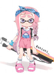 Rule 34 | 1girl, absurdres, artist name, bandana, basketball jersey, blue bandana, blue wristband, blush, braid, closed mouth, commentary request, full body, gradient hair, highres, holding, holding weapon, inkling, inkling girl, inkling player character, jersey, long hair, looking at viewer, multicolored hair, nintendo, pink footwear, pink hair, pointy ears, purple eyes, purple hair, sandals, shiohi, shirt, short sleeves, side braid, sidelocks, simple background, single braid, socks, solo, splatana wiper (splatoon), splatoon (series), splatoon 3, standing, t-shirt, tentacle hair, thick eyebrows, twitter username, very long hair, wavy mouth, weapon, white background, white shirt, white socks, wristband
