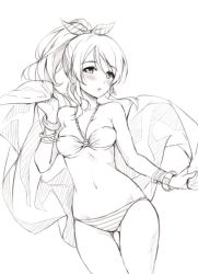 Rule 34 | 1girl, ayase eli, bare shoulders, bikini, blush, bow, bracelet, breasts, cowboy shot, greyscale, hair bow, half-closed eyes, halterneck, holding, jewelry, long hair, love live!, love live! school idol project, medium breasts, monochrome, o-ring, o-ring bikini, parted lips, simple background, solo, standing, striped bikini, striped bikini bottom, striped clothes, swimsuit, tonee, white background