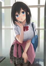 Rule 34 | 1girl, absurdres, azuki yui, bag, black hair, blue eyes, blush, bow, breasts, buttons, clothes around waist, hair ornament, hairclip, hand up, highres, holding, leaning forward, looking at viewer, medium breasts, medium hair, melonbooks, open mouth, original, pantyhose, pleated skirt, school bag, school uniform, short sleeves, simple background, skirt, solo