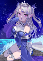 Rule 34 | 1girl, bare shoulders, blue hair, covered navel, detached sleeves, duel monster, fins, grey hair, head fins, highres, lock, multicolored hair, night, night sky, ocean, open mouth, padlock, pinyata (pinyaland), purple eyes, sitting, sky, sleeves past fingers, sleeves past wrists, solo, streaked hair, tearlaments scheiren, thigh strap, tiara, two side up, yu-gi-oh!