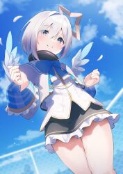 Rule 34 | 1girl, amane kanata, amane kanata (1st costume), angel, angel wings, black dress, blue hair, blue sky, cloud, commentary, cropped jacket, dress, feathered wings, feathers, fragir, grey hair, hair intakes, halo, highres, hololive, jacket, looking at viewer, purple eyes, short hair, sky, smile, solo, star halo, turtleneck, turtleneck dress, virtual youtuber, white jacket, wings
