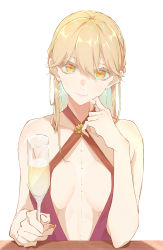 Rule 34 | 1girl, bare shoulders, blonde hair, breasts, champagne flute, cleavage, closed mouth, collarbone, counter, cup, dress, drinking glass, e sky rugo, earrings, evening gown, finger to cheek, girls&#039; frontline, hair up, halter dress, halterneck, highres, jewelry, large breasts, looking at viewer, official alternate costume, ots-14 (girls&#039; frontline), ots-14 (ruler of the banquet) (girls&#039; frontline), pink lips, revealing clothes, revision, sidelocks, sitting, smile, translated, white background, yellow eyes
