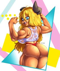 Rule 34 | 1girl, ass, bare shoulders, blonde hair, blue eyes, blush, boku no hero academia, breasts, female focus, gym uniform, highres, horns, huge ass, jacket, large breasts, long hair, looking at viewer, muscular, muscular arms, muscular female, muscular legs, sideboob, solo, tan, ushi walker (mha quest)
