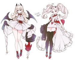 Rule 34 | 2girls, arm garter, bare shoulders, black thighhighs, blonde hair, bow, bowtie, breasts, brown eyes, collared dress, dated, demon wings, dress, frills, full body, grey eyes, grey hair, halter dress, halterneck, high-low skirt, horns, korean commentary, korean text, lemon89h, long sleeves, looking at viewer, maid headdress, medium breasts, mole, mole under eye, multiple girls, original, pleated dress, red bow, red bowtie, red footwear, short dress, simple background, skirt hold, sleeveless, sleeveless dress, small breasts, standing, thighhighs, thighlet, train (clothing), twintails, white background, white dress, wings, zettai ryouiki