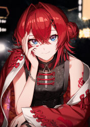 Rule 34 | 1girl, absurdres, ange katrina, ange katrina (7th costume), black dress, blue eyes, chinese clothes, double bun, dress, hair bun, hair intakes, hair ornament, highres, looking at viewer, nijisanji, official alternate costume, red hair, red nails, rinderon0722, short hair, smile, solo, virtual youtuber, x hair ornament