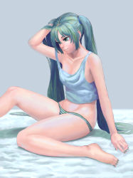 Rule 34 | 00s, 1girl, arm support, arm up, breasts, green eyes, green hair, hatsune miku, highres, lasterk, light smile, long hair, matching hair/eyes, nail polish, no bra, panties, sitting, solo, striped clothes, striped panties, tank top, toenail polish, toenails, twintails, underwear, very long hair, vocaloid