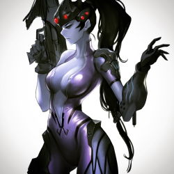 Rule 34 | 1girl, bodysuit, breasts, center opening, colored skin, cowboy shot, finger on trigger, gun, head-mounted display, holding, holding gun, holding weapon, hong soon-jae, long hair, medium breasts, overwatch, overwatch 1, ponytail, purple hair, purple skin, rifle, shiny clothes, simple background, sniper rifle, solo, very long hair, weapon, white background, widowmaker (overwatch)